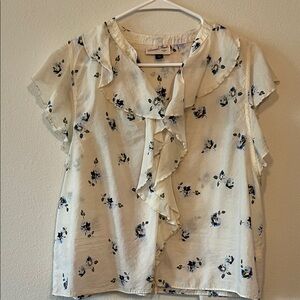 LC Lauren Conrad Cream Floral Ruffle Blouse